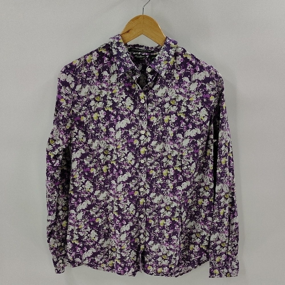 Eddie Bauer Button Up Size Large Purple Green Floral Print Long Sleeve